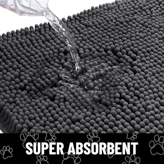 Smiry Dog Door Mat for Muddy Paws, Absorbent Dirt Trapper Non Slip Quick Dry Washable Chenille Mat for Mud Dogs, Entry Rug for Indoor and Outdoor (70x35 Inches, Dark Grey and White)