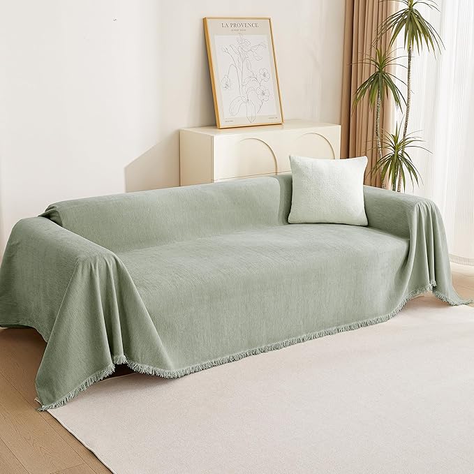 MYSKY HOME Chenille Sofa Slipcovers Sage Green Sofa Covers with Tassel Edge L Shaped Sectional Couch Covers for 3 Cushion Couch, Washable Thick Durable Furniture Protector for Dogs Kids 91"x 134"