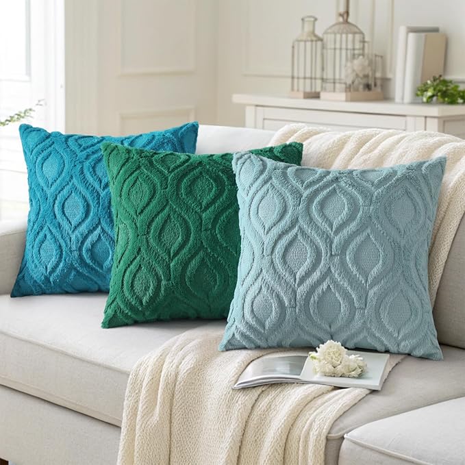 decorUhome Summer Throw Pillow Covers 16x16 Inch Set of 2, Soft Plush Faux Wool Turquoise Solid Couch Pillow Covers, Accent Farmhouse Neutral Square Pillow Cases for Sofa Bed Living Room