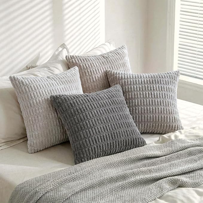 Fancy Homi Set of 4 Grey and White Decorative Throw Pillow Covers 14x14 Inch for Couch Bed Chair, Modern Farmhouse Boho Room Decor, Soft Fuzzy Double Sided Corduroy Textured Striped Cushion Case 35cm