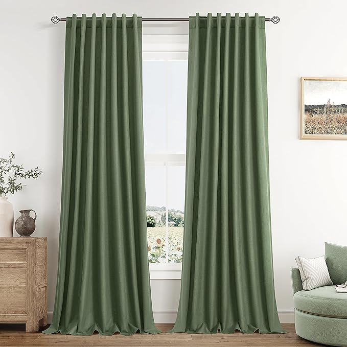 Guken Olive Green 100% Blackout Curtains 102 Inch Length 2 Panels Set for Living Room Bedroom Back Tab Thermal Insulated Black Out Linen Drapes Room Darkening Window Curtains,52x102