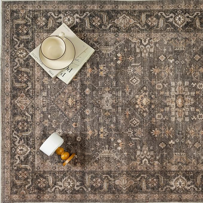 2x8 Washable Runner Rug for Hallway Kitchen Vintage Brown Non Slip Low Pile Carpet Traditional Retro Soft Throw Rug for Bathroom Bedroom Entryway Indoor Entrance