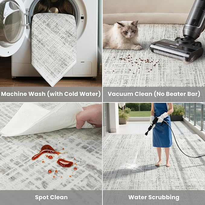 6x9 Area Rugs Washable Rug: Anti-Skid Abstract Modern Living Room Rug Soft Thin Carpets Indoor Floor Non-Shedding Carpet for Bedroom Dining Farmhouse Nursery Home Office (White Gray, 6'x9')
