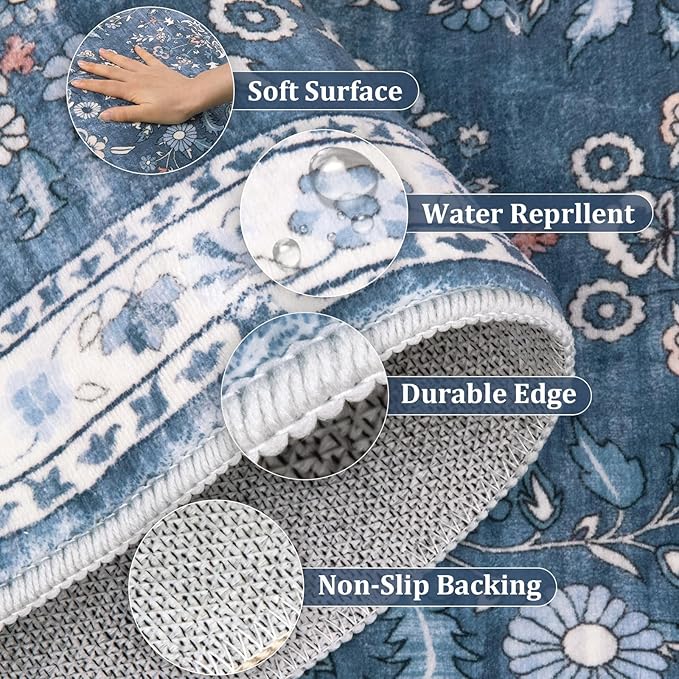 Yamaziot Washable Runner Rug 2x6 – Non Slip Boho Floral Hallway Runner Rug with Rubber Backing, Low Pile Faux Wool Distressed Carpet for Kitchen, Laundry, Bedroom, Entrance, Blue