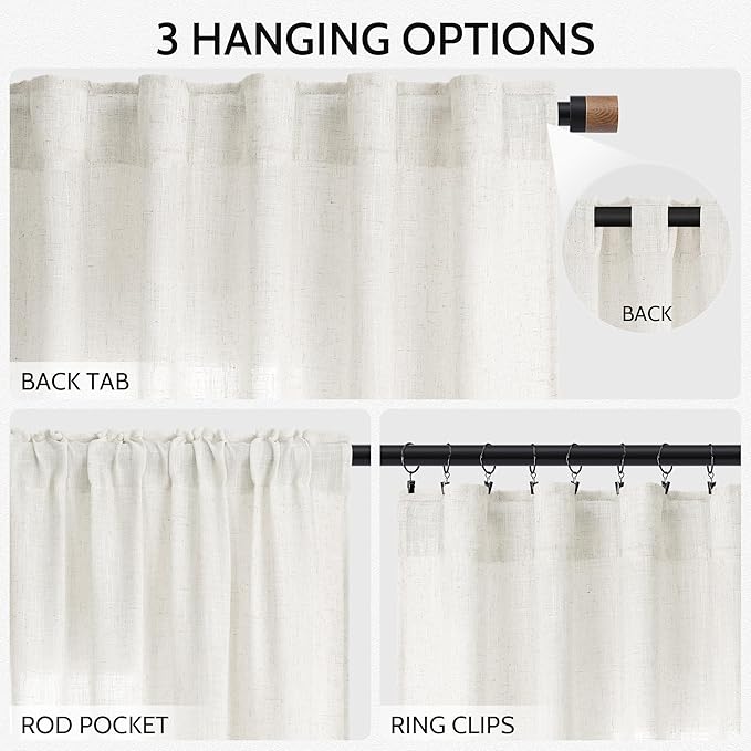 Nanspring Neutral Linen Curtains 120 Inches Long for Living Room Linen Sheer Curtain Back Tab Coastal Modern Farmhouse Floor to Ceiling Drapes for Bedroom Office High Window 52x120, 2 Panels