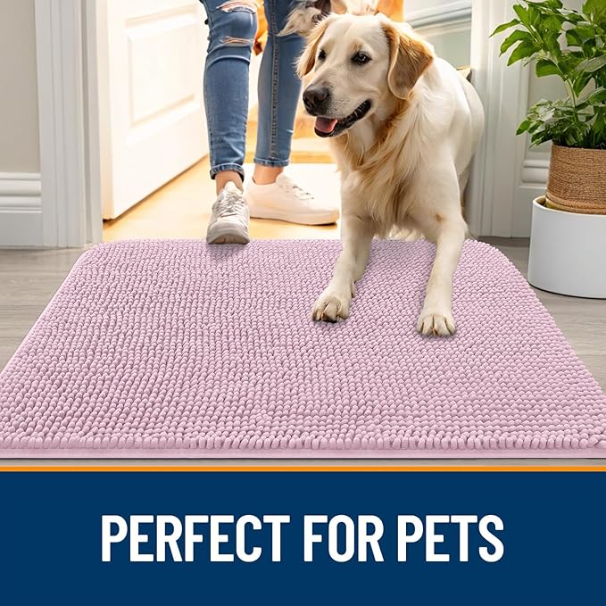 OLANLY Dog Door Mat for Muddy Paws 45x27, Absorbs Moisture and Dirt, Absorbent Non-Slip Washable Doormat, Quick Dry Chenille Mud Mat for Dogs, Entry Indoor Entryway Carpet for Inside Floor, Dusty Rose