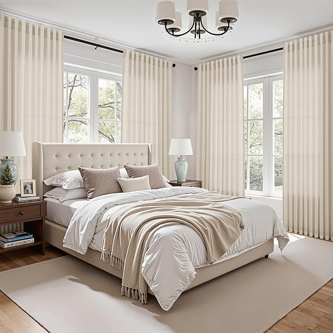 Nanspring Birch Beige Curtains 90 Inches Long for Living Room Linen Light Filtering Semi Sheer Curtain Back Tab Rod Pocket Modern Farmhouse Decor Elegant Coastal Drapes for Bedroom 52x90, 2 Panels