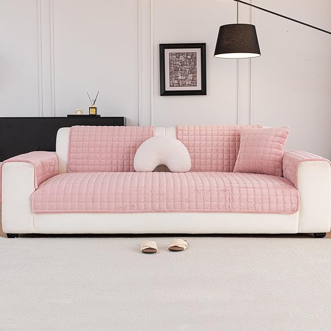 Velvet Couch Cover, Washable Sectional Sofa Cover, Anti Slip Sofa Slipcover for 3 Cushion Couch Sofa L Shaped Armrest Backrest, Furniture Protector Covers for Pets Kids(1PC,Pink,36"×94")