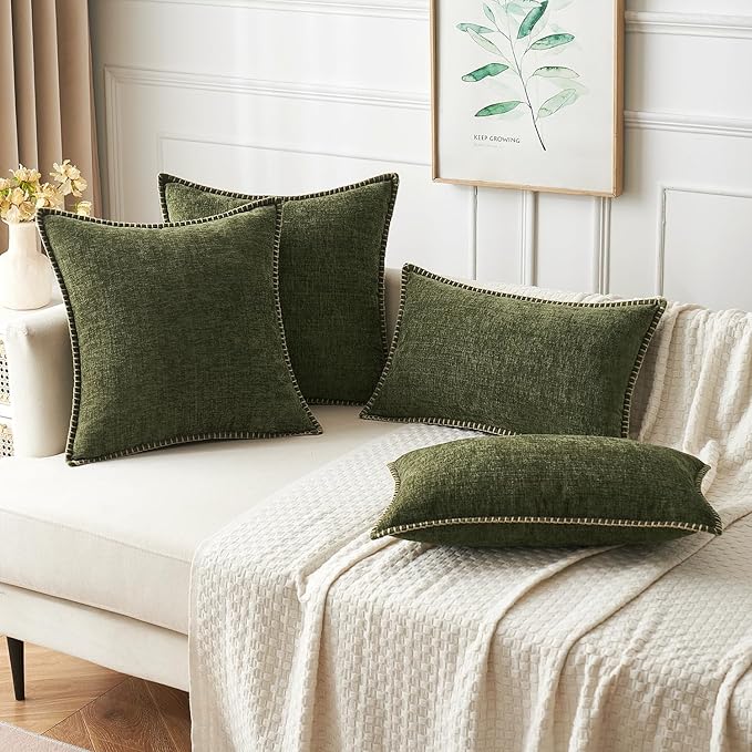 MIULEE Pack of 2 Couch Throw Pillow Covers 20x20 Inch Olive Green Farmhouse Decorative Pillow Covers with Stitched Edge Soft Chenille Solid Dyed Spring Pillow Covers for Sofa Bed Living Room