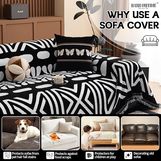 HANDONTIME Boho Couch Cover Blanket Geometric Striped Pet Covers for Couches and Sofas Black and White Dog Cover for Couch Pet Friendly Chenille Sectional Sofa Covers for Pets Washable, 71" X 134"