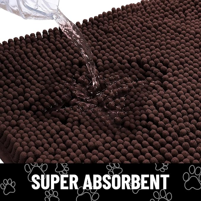 Smiry Dog Door Mat for Muddy Paws, Absorbent Dirt Trapper Non Slip Quick Dry Washable Chenille Mat for Mud Dogs, Entry Rug for Indoor and Outdoor (59x24 Inches, Brown and White)