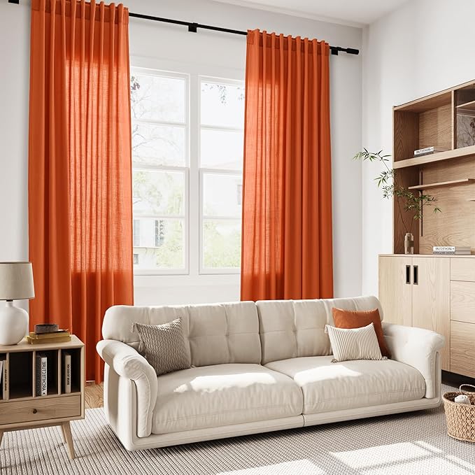 Extra Long Curtain Bright Orange Morden Linen Blend Light Filtering Back Tab Curtains for Long Winodws 120 Inches Length, Semi Sheer Privacy Drapes for Living Room, 52x120 inch, 2 Panels