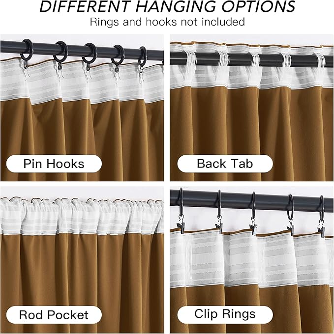 RYB HOME Gold Brown Velvet Curtains 63 inches with Hook Belt, Soft Fabric Room Darkening Thermal Insulated Luxurious Home Decor Curtains for Living Room Bedroom, W 42" x L 63", 2 Panels Set