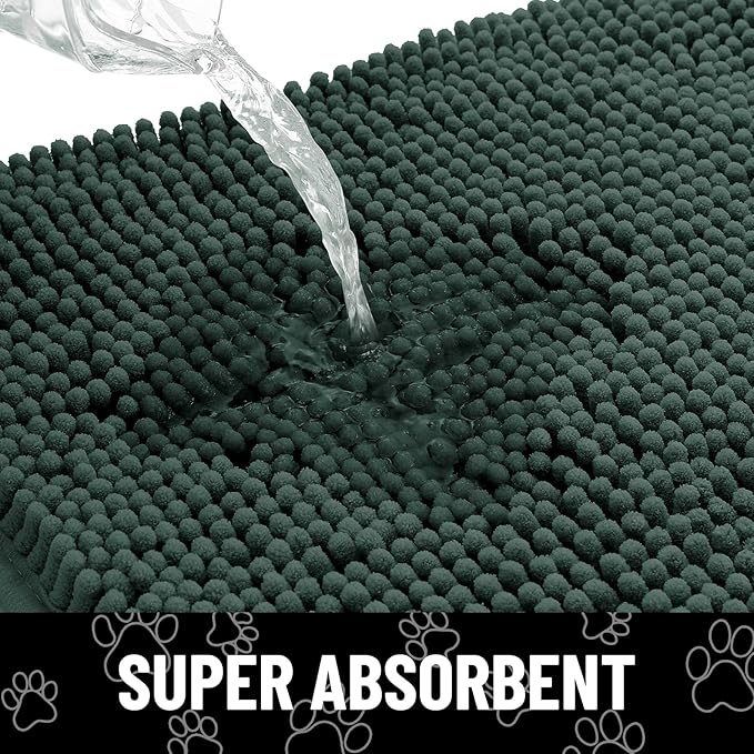 Smiry Dog Door Mat for Muddy Paws, Absorbent Dirt Trapper Non Slip Quick Dry Washable Chenille Mat for Mud Dogs, Entry Rug for Indoor and Outdoor (59x24 Inches, Green and White)