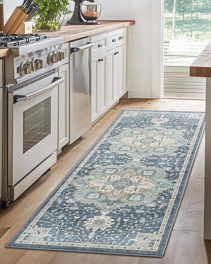 AMADA HOMEFURNISHING 2x5 Washable Runner Rug, Low-Profile Kitchen Rugs with Non-Slip Backing & Durable Edge Binding, Vintage Entryway Runner Rug for Bedroom & Hallway