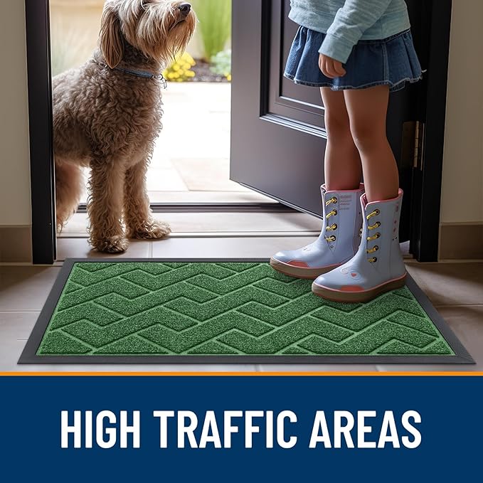 OLANLY Front Door Mat Indoor Outdoor Entrance, Waterproof All-Season, All-Weather Doormat, Sturdy Natural Rubber, Low Profile, Easy Clean Patio Porch Entryway Mat, Herringbone Brick (Green, 47x23)