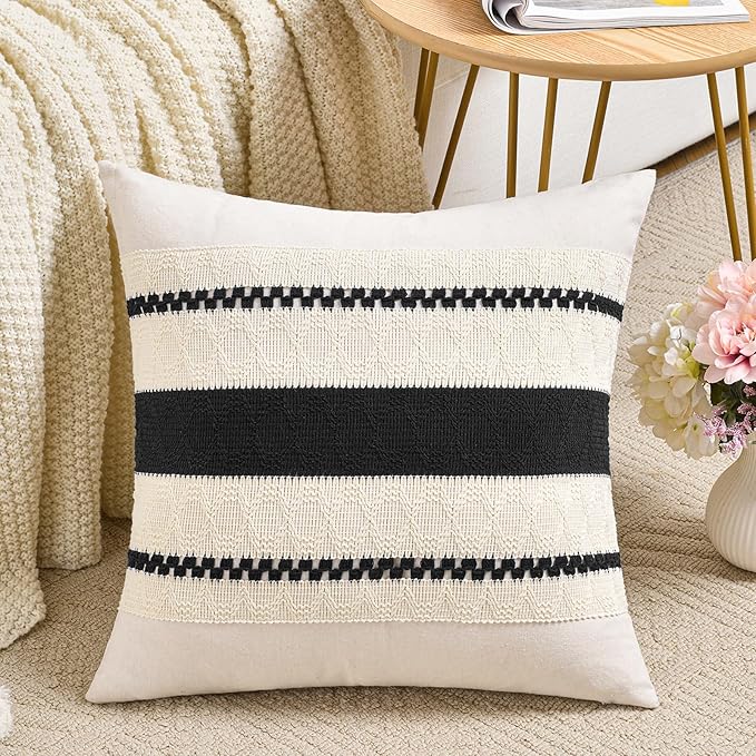 Fancy Homi Set of 1 Boho Black Decorative Throw Pillow Cover 22x22 Inch for Couch Bed Sofa, Aesthetic Modern Organic Farmhouse Home Decor, Soft Cotton Cute Accent Macrame Woven Cushion Case