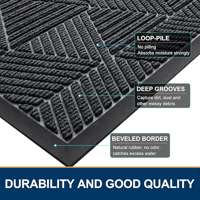 Smiry Front Door Mat Outside Entrance, Heavy Duty Sturdy Natural Rubber Doormat, Trap Dirt and Moisture, Easy Clean Low Profile Mats for Indoor Outdoor Entry, Irregular Triangle (47x17, Grey)