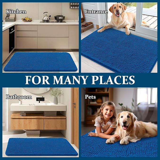 OLANLY Dog Door Mat for Muddy Paws 70x35, Absorbs Moisture and Dirt, Absorbent Non-Slip Washable Doormat, Quick Dry Chenille Mud Mat, Entry Indoor Entryway Carpet for Inside Floor, Deep Navy Blue