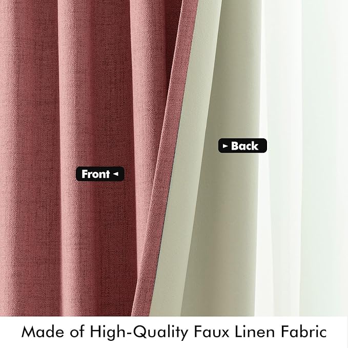 MIULEE 100% Blackout Linen Curtains for Bedroom, Dusty Rose Solid Luxury Decor Thermal Insulation Room Darkening Drapes for Living Room Nursery Back Tab Rod Pocket 42 x 90 Inches, 2 Panels