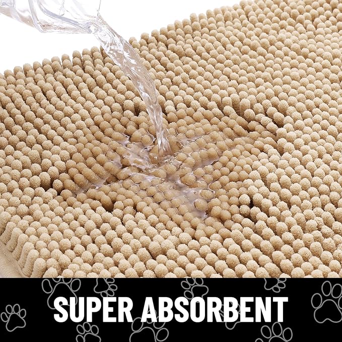 Smiry Dog Door Mat for Muddy Paws, Absorbent Dirt Trapper Non Slip Quick Dry Washable Chenille Mat for Mud Dogs, Entry Rug for Indoor and Outdoor (44x24 Inches, Beige and White)