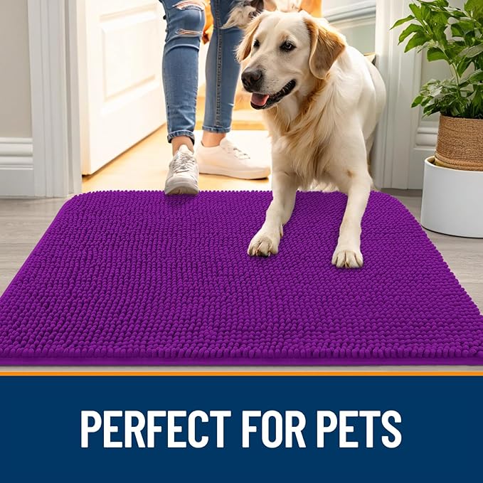 OLANLY Dog Door Mat for Muddy Paws 44x24, Absorbs Moisture and Dirt, Absorbent Non-Slip Washable Doormat, Quick Dry Chenille Mud Mat for Dogs, Entry Indoor Entryway Carpet for Inside Floor, Purple
