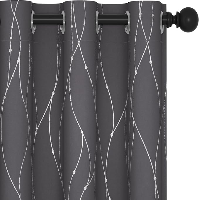 Deconovo Gray Curtains for Living Room, Blackout Drapes, Protect Pravicy Thermal Insulated Soundproof Window Drape, Wave Dots Foil Print, 38 x 90 Inch, Set of 2 Panels for Bedroom Apartment Nursery