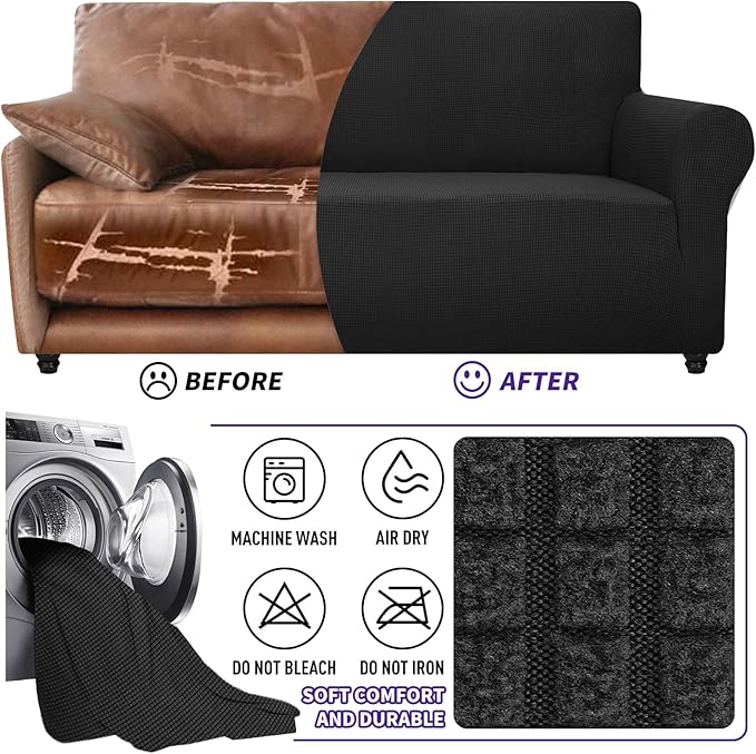 ZNSAYOTX Super Stretch Couch Cover (72"-92") Universal Sofa Covers with Elastic Bottom, Dog Cat Pets Friendly Washable Furniture Protector Fitted Sofa Slipcovers Stay in Place (Black, Sofa)