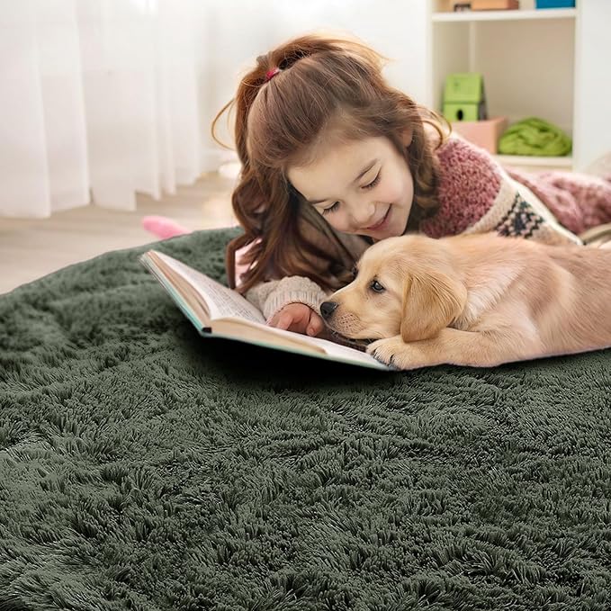 OLANLY Olive Green Round Rugs for Bedroom - Machine Washable, 5 ft Circle Area Rugs for Living Room, Soft and Fluffy Shaggy Carpet for Teen Girl and Boys, Nursery Rooms, Dorms, Home Decor Aesthetic