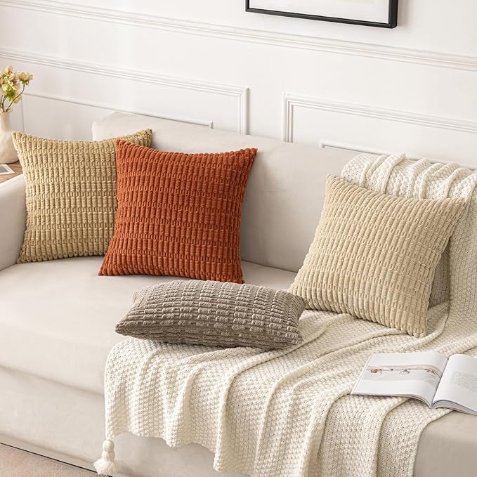 MIULEE Pack of 2 Corduroy Decorative Throw Pillow Covers 18x18 Inch Soft Boho Striped Pillow Covers Modern Farmhouse Home Decor for Sofa Living Room Couch Bed Tan