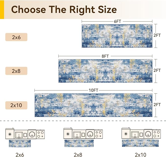 Washable Area Rugs 2'x10' Non-Slip Modern Abstract Soft for Living Room Entryway Bedroom Nursery, Print Pattern, Grey Blue Gold/Golden