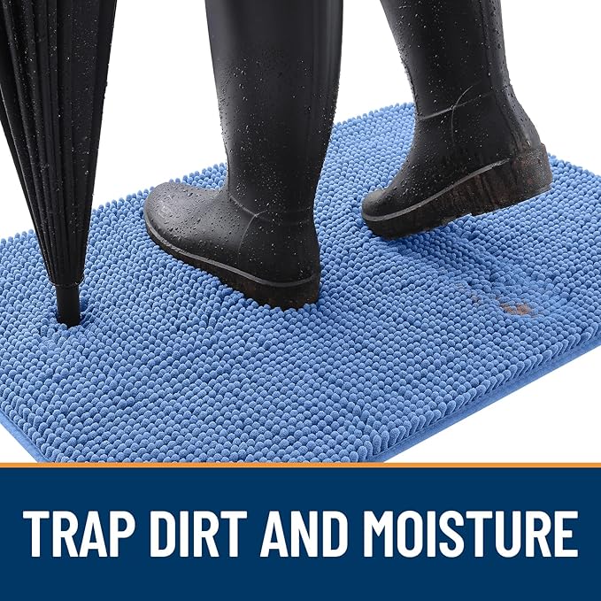 OLANLY Dog Door Mat for Muddy Paws 47x20, Absorbs Moisture and Dirt, Absorbent Non-Slip Washable Doormat, Quick Dry Chenille Mud Mat, Entry Indoor Entryway Carpet for Inside Floor, Cornflower Blue