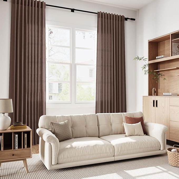 Cappuccino Curtains 63 Inches Long 2 Panel Sets for Living Room Bedroom, Light Filtering Linen Drapes for Kitchen Windows Rod Pocket or Back Tab Curtain,Semi Sheer 52x63
