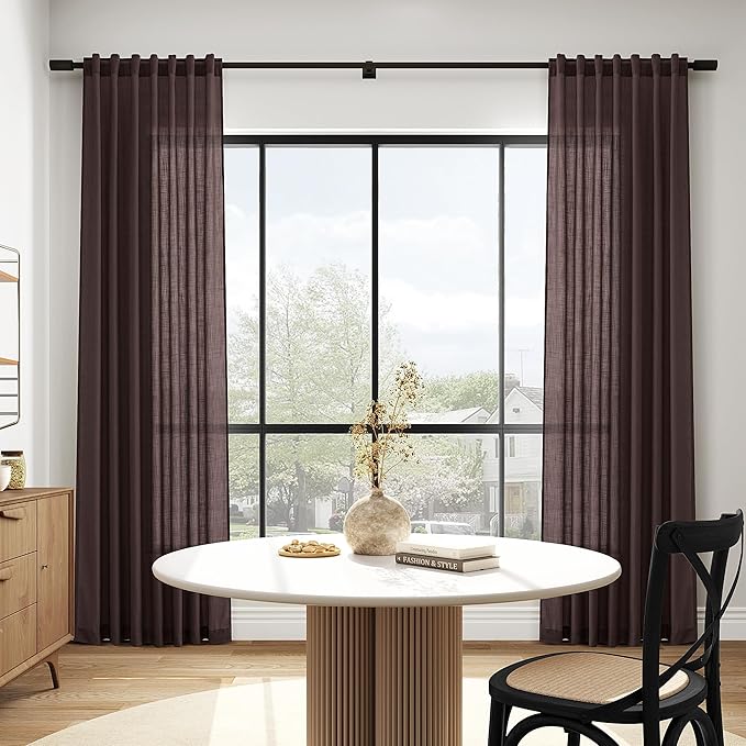 Coffee Brown Curtains 108 Inches Long 2 Panels Set Back Tab Linen Drapes for Living Room Extra Long Modern Simplicity Farmhouse Light Filtering Semi Sheer Linen Curtain for Big Window 52x108