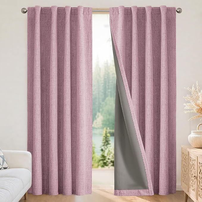 Joydeco Linen Blackout Curtains for Bedroom - 100% Light Blocking 1 Panels, Pink Drapes 70" W x 90" L, Thermal Insulated Room Darkening Curtains for Living Room, Rod Pocket & Back Tabs
