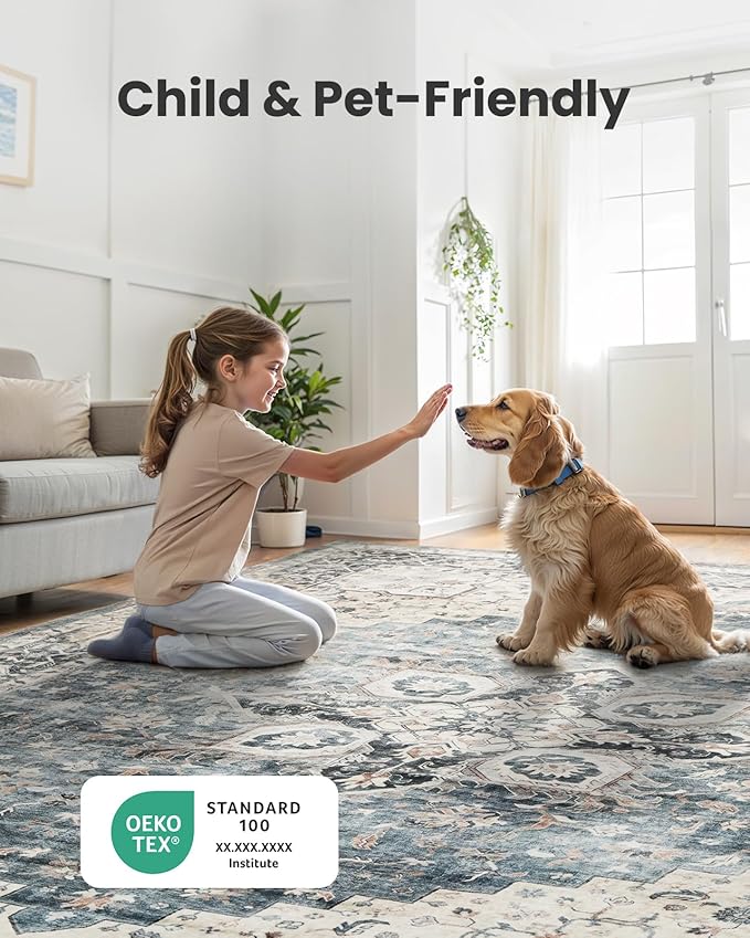 AMADA HOMEFURNISHING 2'6"x8' Washable Area Rug, Low-Profile Entryway Rug with Non-Slip Backing & Durable Edge Binding, Vintage Rug Pattern, Small Rugs for Entryway, Kitchen & Living Room