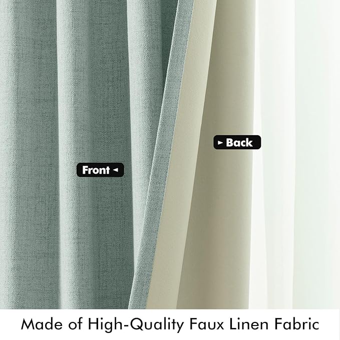 MIULEE 100% Blackout Linen Curtains for Bedroom, Seafoam Green Solid Luxury Decor Thermal Insulation Room Darkening Drapes for Living Room Nursery Back Tab Rod Pocket 42 x 84 Inches, 2 Panels