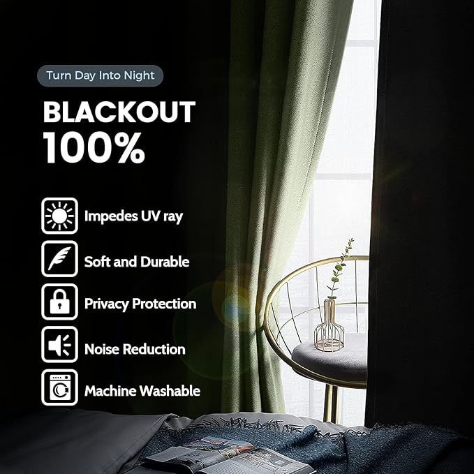 SimpleHome 100% Blackout Curtains for Bedroom,Thermal Insulated Sage Grommet Window Drapes Room Darkening Curtains for Living Room with Black Back,38 x 72 Inch,2 Panels