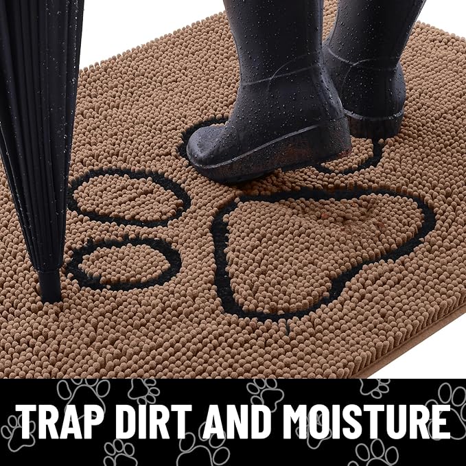 Smiry Dog Door Mat for Muddy Paws, Absorbent Dirt Trapper Non Slip Quick Dry Washable Chenille Mat for Mud Dogs, Entry Rug for Indoor and Outdoor (40x32 Inches, Coffee and Black)