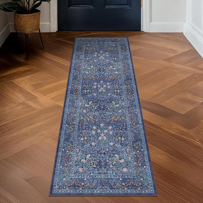 Hazo Haus Non Slip 2x10 Dark Blue Hallway Runner - 10ft Long Runner Rugs, Washable Kitchen Floor Mat - Vintage Navy Floral Design Décor