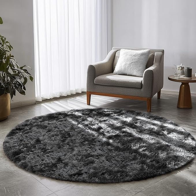 Amdrebio Tie-Dyed Dark Grey Round Area Rug 5Ft for Living Room Bedroom, Soft Furry Shaggy Circle Rugs for Classroom Playroom Dorm, Modern Cool Shag Fluffy Fuzzy Circular Carpet for Men Kids Teen Boys