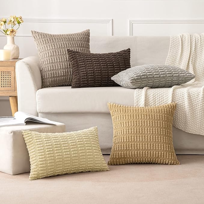 MIULEE Pack of 2 Corduroy Decorative Throw Pillow Covers 20x20 Inch Soft Boho Striped Pillow Covers Modern Farmhouse Home Decor for Sofa Living Room Couch Bed Light Brown