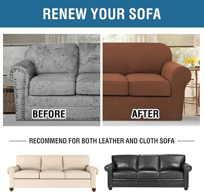 H.VERSAILTEX 4 Piece Stretch Sofa Covers for 3 Cushion Couch Covers for Living Room Furniture Slipcovers (Base Cover Plus 3 Seat Cushion Covers) Upgraded Thicker Jacquard Fabric (Sofa, Caramel)