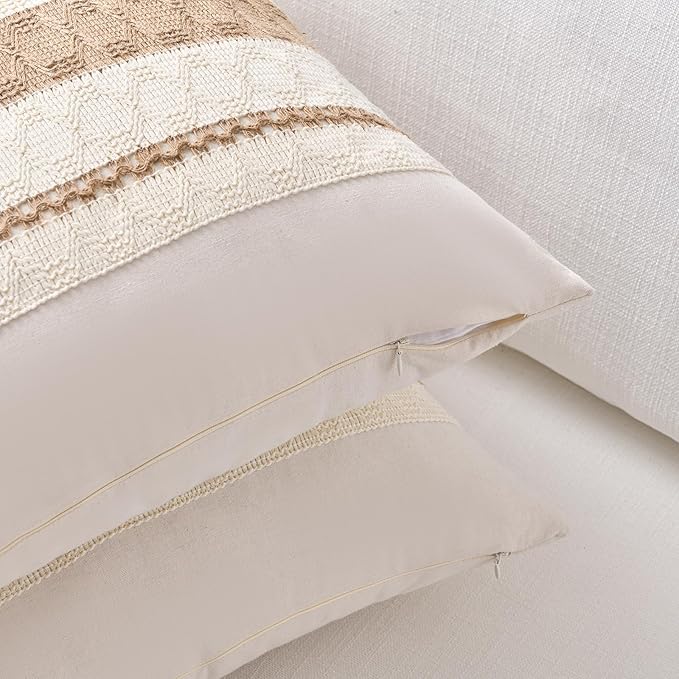 Fancy Homi Set of 1 Boho Neutral Big Decorative Throw Pillow Cover 24x24 Inch for Couch Bed Bedroom, Aesthetic Modern Organic Farmhouse Room Decor, Soft Cotton Accent Macrame Woven Tan Cushion Case