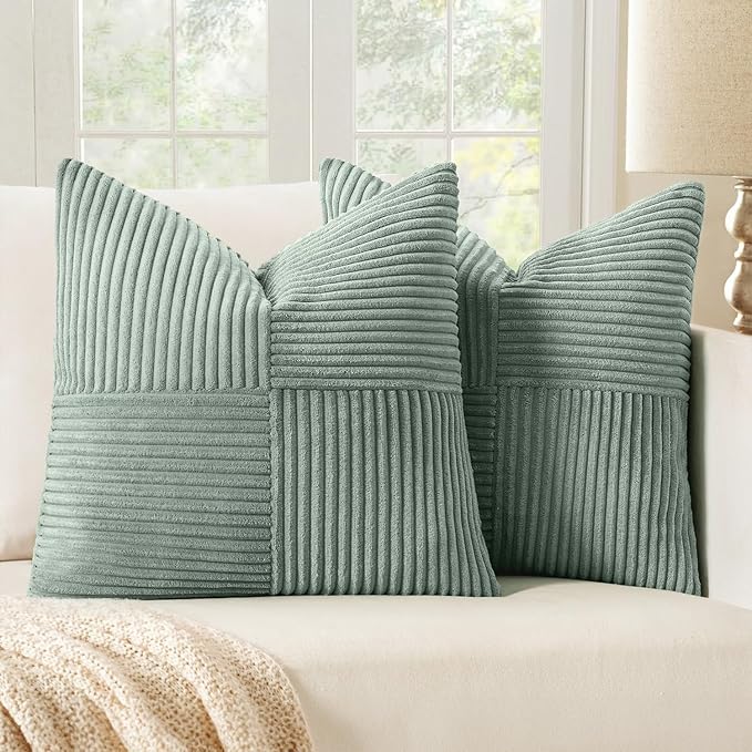 MIULEE Greyish Green Decorative Throw Pillow Covers 18x18 Inch for Couch Bed Sofa Spring Decor Pack of 2 Boho Farmhouse Throw Pillows Soft Cross Corduroy Patchwork Textured Cushion Cases