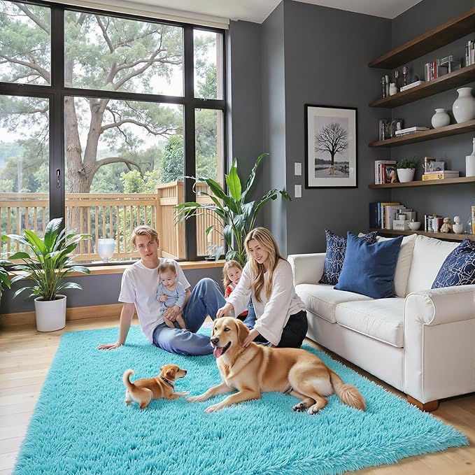 3x5 Rug, Bedside Preppy Dorm Area Rug, College Essentials Small Carpets for Bedroom, Anti Slip Living Room Rugs Home Decor (Teal Blue, 3 x 5)