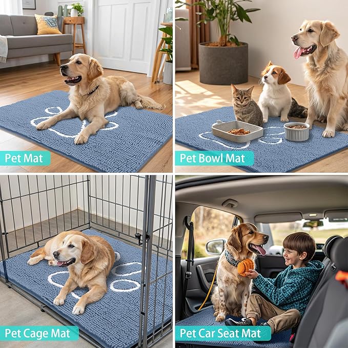 Smiry Dog Door Mat for Muddy Paws, Absorbent Dirt Trapper Non Slip Quick Dry Washable Chenille Mat for Mud Dogs, Entry Rug for Indoor and Outdoor (70x24 Inches, Airy Blue and White)