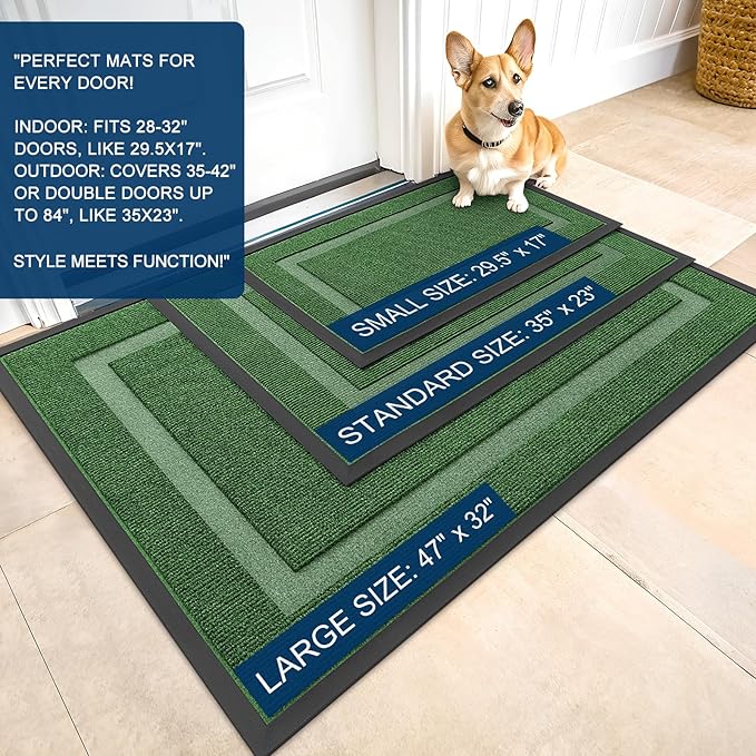 OLANLY Front Door Mat Indoor Outdoor Entrance, Waterproof All-Season, All-Weather Doormat, Sturdy Natural Rubber, Fade Resistant, Low Profile, Easy Clean Patio Porch Entryway Mat, 59x20, Green