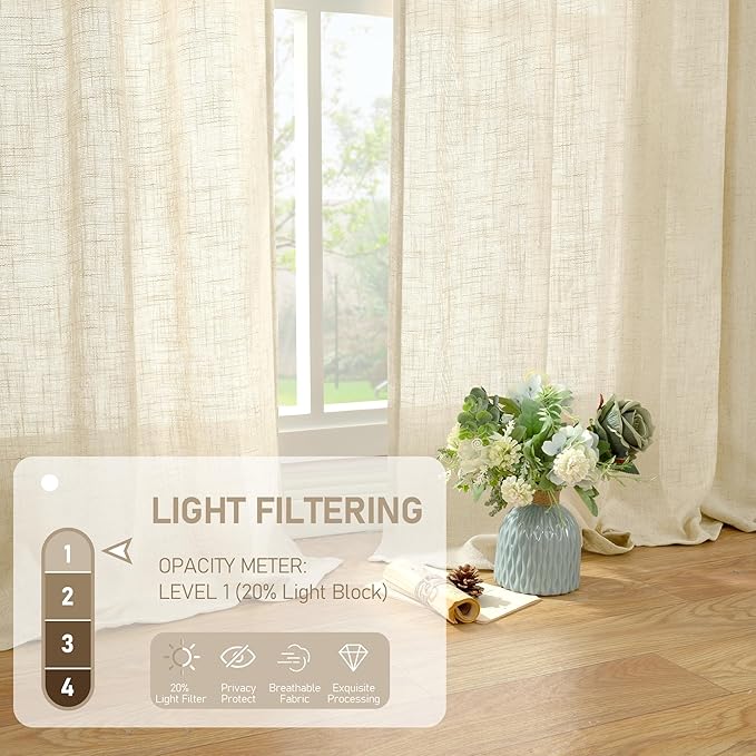 LAMIT Small Kitchen Linen Curtains 24 Inch Length 2 Panels, Beige Light Filtering Panels Back Tab and Rod Pocket Neutral Drapes for Bathroom/Small Windows, 34 x 24 Inch