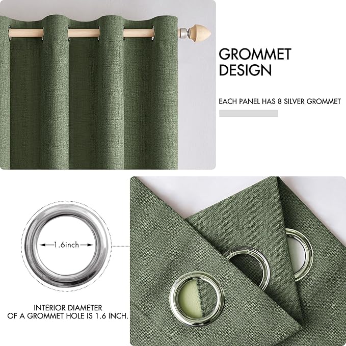 MIULEE 100% Blackout Linen Textured Curtains for Bedroom Solid Thermal Insulated Olive Green Grommet Room Darkening Curtains & Drapes Luxury Decor for Living Room Nursery 52 x 72 Inch (2 Panels)